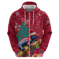New Zealand Tuatara Christmas Hoodie Silver Fern and Xmas Pohutukawa Tree Red Color LT03 - Polynesian Pride