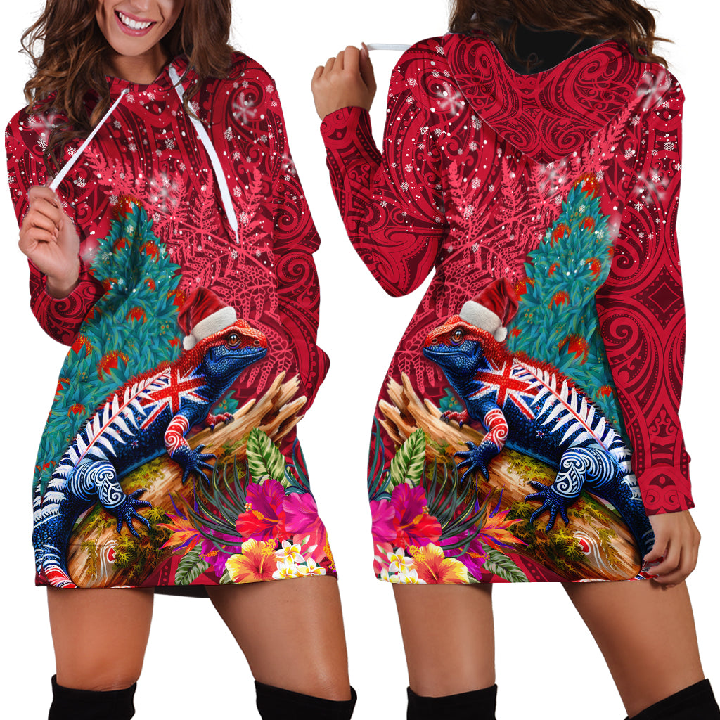 New Zealand Tuatara Christmas Hoodie Dress Silver Fern and Xmas Pohutukawa Tree Red Color LT03 - Polynesian Pride