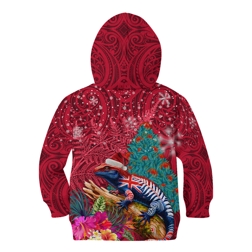 New Zealand Tuatara Christmas Kid Hoodie Silver Fern and Xmas Pohutukawa Tree Red Color LT03 - Polynesian Pride