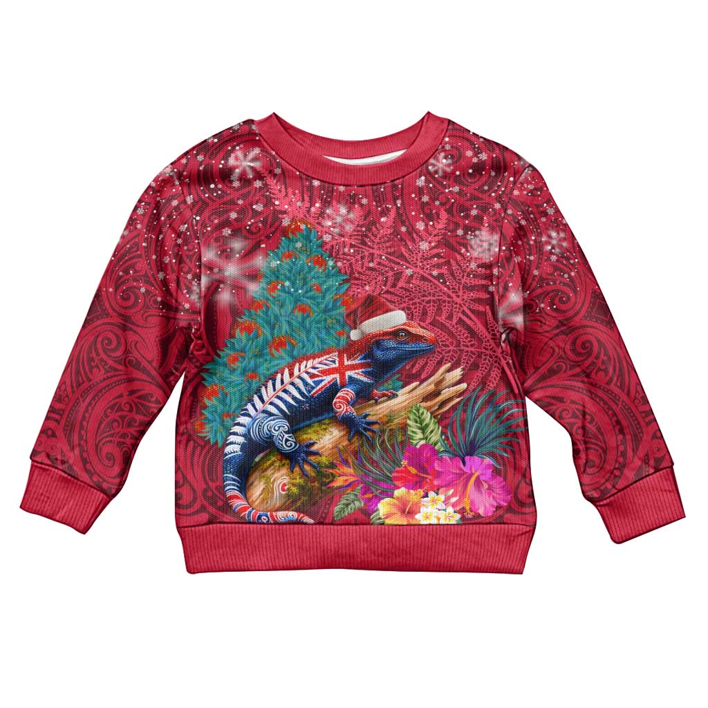 New Zealand Tuatara Christmas Kid Ugly Christmas Sweater Silver Fern and Xmas Pohutukawa Tree Red Color LT03 Kid Red - Polynesian Pride