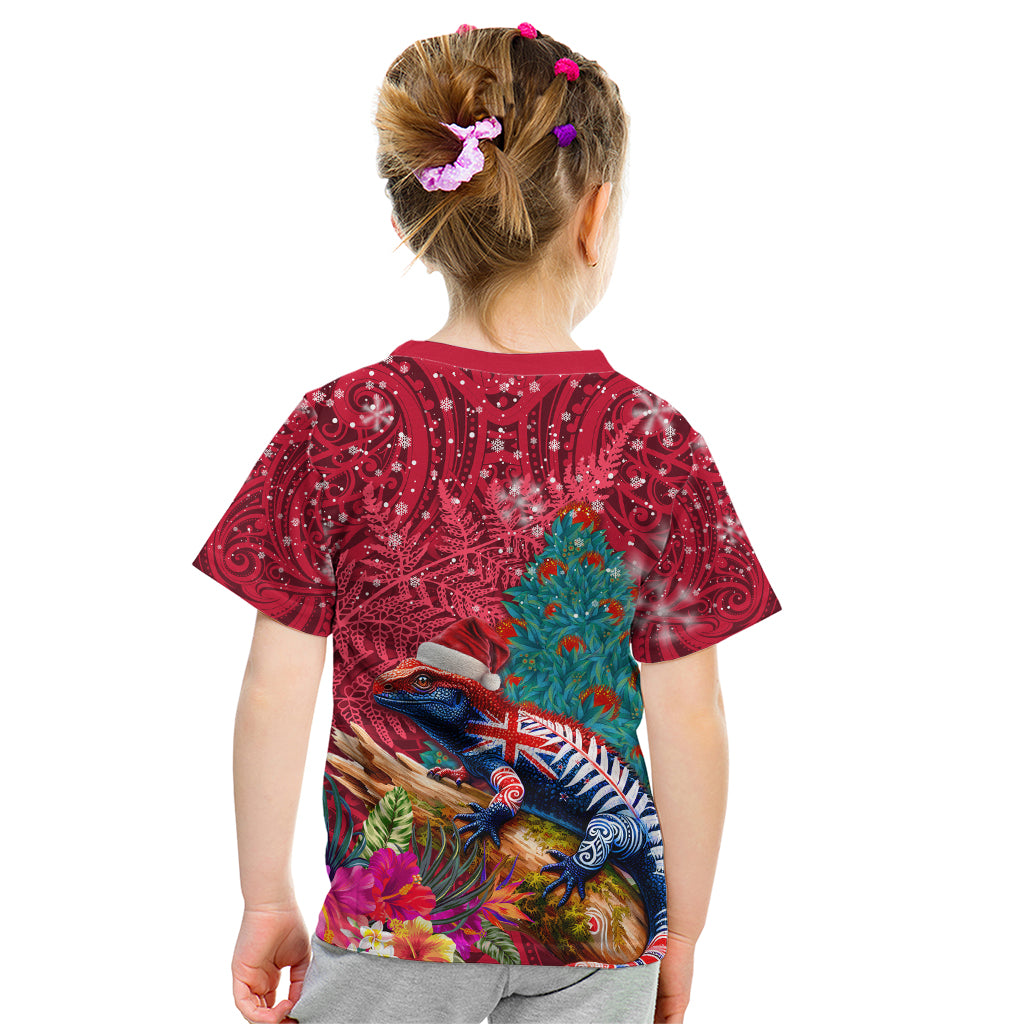 New Zealand Tuatara Christmas Kid T Shirt Silver Fern and Xmas Pohutukawa Tree Red Color LT03 - Polynesian Pride