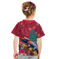 New Zealand Tuatara Christmas Kid T Shirt Silver Fern and Xmas Pohutukawa Tree Red Color LT03 - Polynesian Pride
