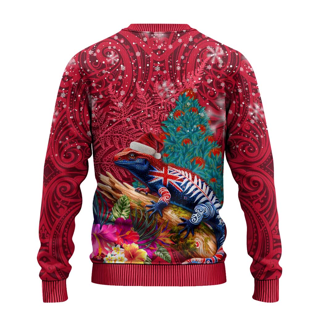 New Zealand Tuatara Christmas Ugly Christmas Sweater Silver Fern and Xmas Pohutukawa Tree Red Color LT03 - Polynesian Pride
