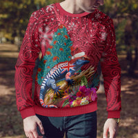 New Zealand Tuatara Christmas Ugly Christmas Sweater Silver Fern and Xmas Pohutukawa Tree Red Color LT03 - Polynesian Pride