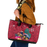 New Zealand Tuatara Christmas Leather Tote Bag Silver Fern and Xmas Pohutukawa Tree Red Color LT03 Red - Polynesian Pride