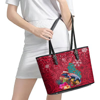 New Zealand Tuatara Christmas Leather Tote Bag Silver Fern and Xmas Pohutukawa Tree Red Color LT03 - Polynesian Pride