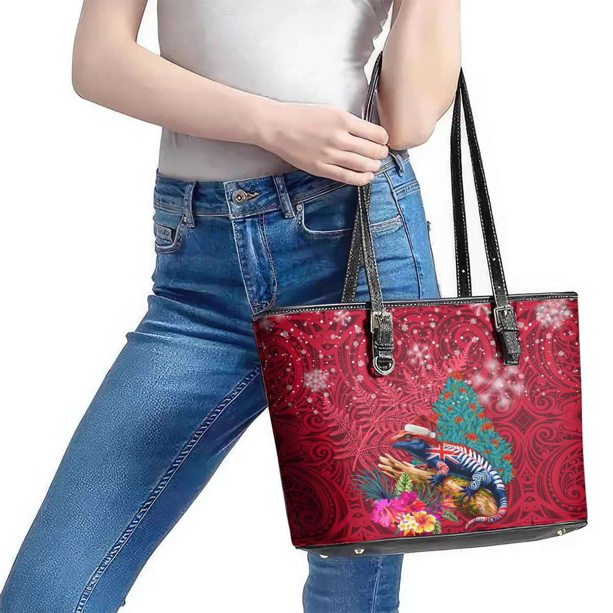 New Zealand Tuatara Christmas Leather Tote Bag Silver Fern and Xmas Pohutukawa Tree Red Color LT03 - Polynesian Pride