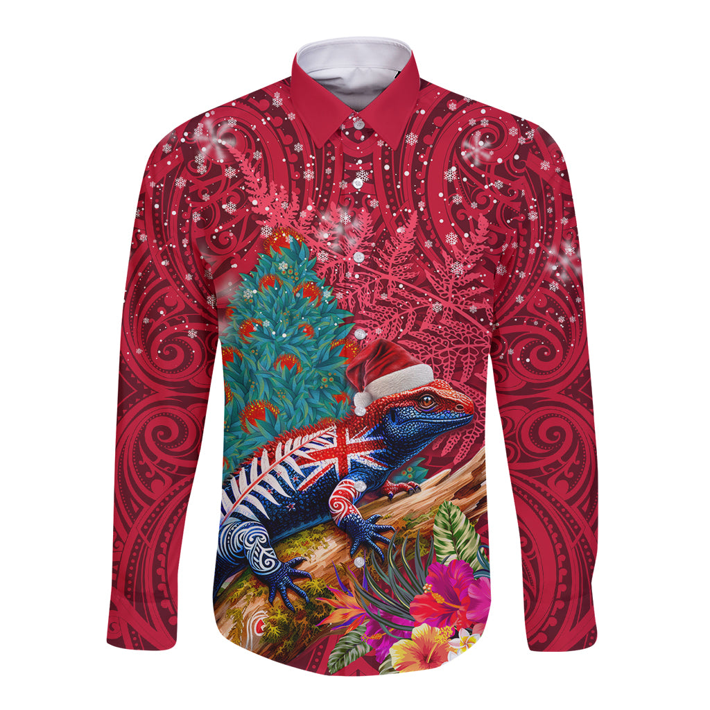 New Zealand Tuatara Christmas Long Sleeve Button Shirt Silver Fern and Xmas Pohutukawa Tree Red Color LT03 Unisex Red - Polynesian Pride