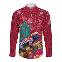 New Zealand Tuatara Christmas Long Sleeve Button Shirt Silver Fern and Xmas Pohutukawa Tree Red Color LT03 Unisex Red - Polynesian Pride