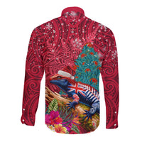 New Zealand Tuatara Christmas Long Sleeve Button Shirt Silver Fern and Xmas Pohutukawa Tree Red Color LT03 - Polynesian Pride
