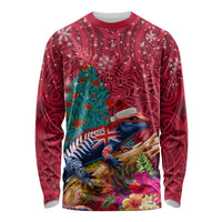 New Zealand Tuatara Christmas Long Sleeve Shirt Silver Fern and Xmas Pohutukawa Tree Red Color LT03 Unisex Red - Polynesian Pride