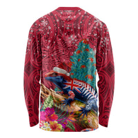 New Zealand Tuatara Christmas Long Sleeve Shirt Silver Fern and Xmas Pohutukawa Tree Red Color LT03 - Polynesian Pride