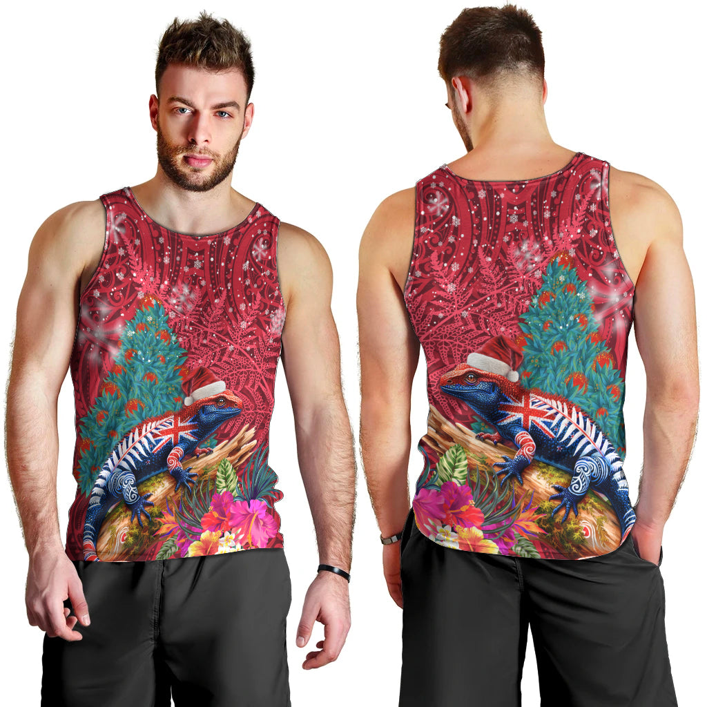 New Zealand Tuatara Christmas Men Tank Top Silver Fern and Xmas Pohutukawa Tree Red Color LT03 - Polynesian Pride