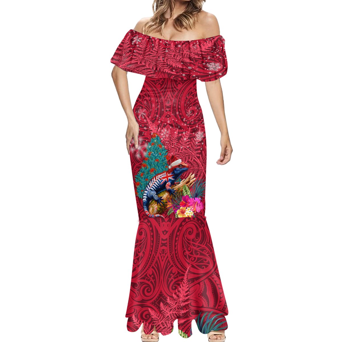 New Zealand Tuatara Christmas Mermaid Dress Silver Fern and Xmas Pohutukawa Tree Red Color LT03 - Polynesian Pride