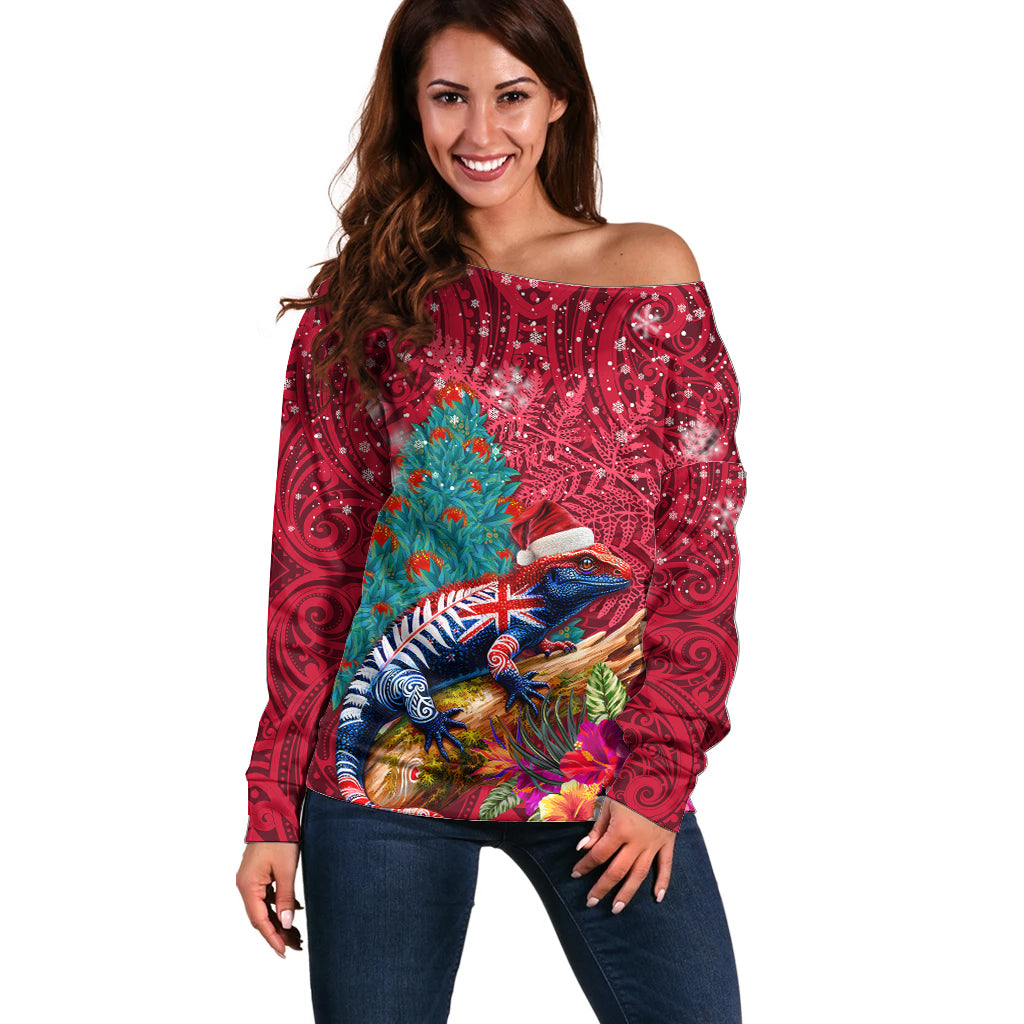 New Zealand Tuatara Christmas Off Shoulder Sweater Silver Fern and Xmas Pohutukawa Tree Red Color LT03 Women Red - Polynesian Pride