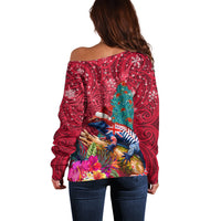 New Zealand Tuatara Christmas Off Shoulder Sweater Silver Fern and Xmas Pohutukawa Tree Red Color LT03 - Polynesian Pride