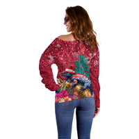 New Zealand Tuatara Christmas Off Shoulder Sweater Silver Fern and Xmas Pohutukawa Tree Red Color LT03 - Polynesian Pride