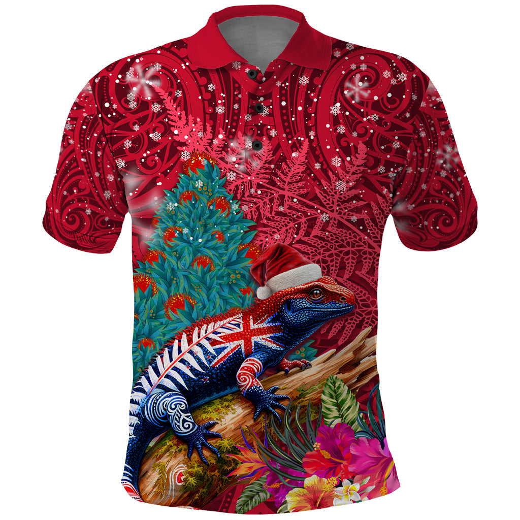 New Zealand Tuatara Christmas Polo Shirt Silver Fern and Xmas Pohutukawa Tree Red Color LT03 Red - Polynesian Pride