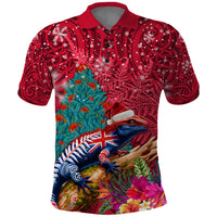 New Zealand Tuatara Christmas Polo Shirt Silver Fern and Xmas Pohutukawa Tree Red Color LT03 Red - Polynesian Pride