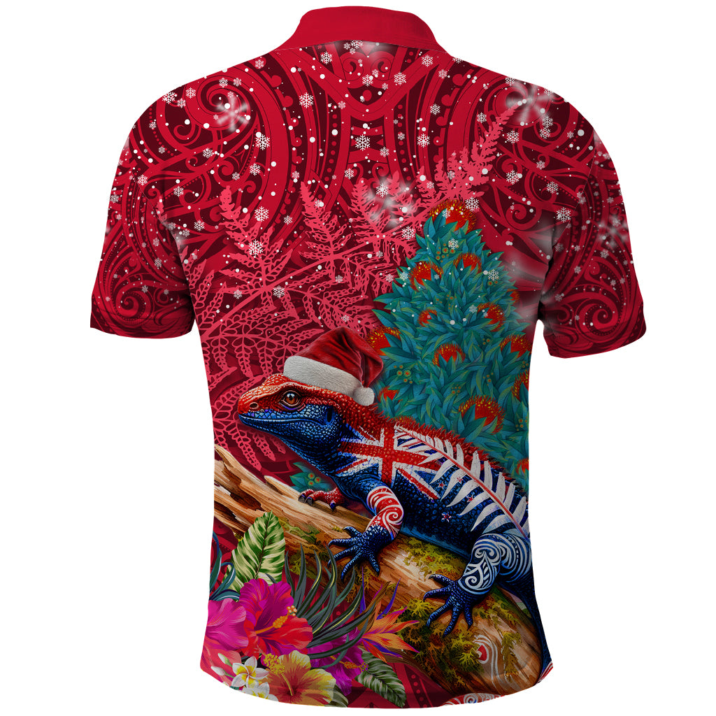 New Zealand Tuatara Christmas Polo Shirt Silver Fern and Xmas Pohutukawa Tree Red Color LT03 - Polynesian Pride