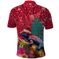 New Zealand Tuatara Christmas Polo Shirt Silver Fern and Xmas Pohutukawa Tree Red Color LT03 - Polynesian Pride