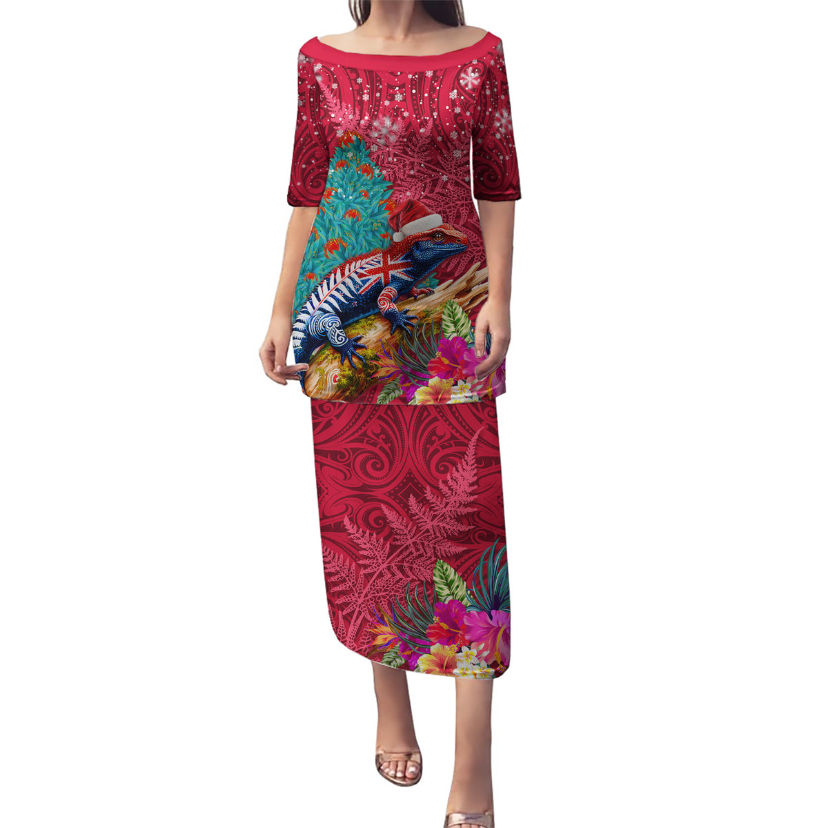 New Zealand Tuatara Christmas Puletasi Silver Fern and Xmas Pohutukawa Tree Red Color LT03 Long Dress Red - Polynesian Pride