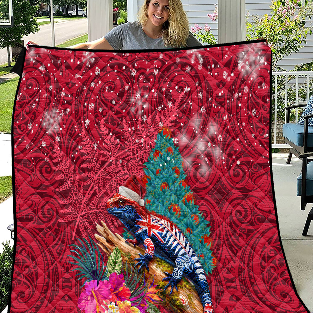 New Zealand Tuatara Christmas Quilt Silver Fern and Xmas Pohutukawa Tree Red Color LT03 Red - Polynesian Pride