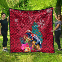 New Zealand Tuatara Christmas Quilt Silver Fern and Xmas Pohutukawa Tree Red Color LT03 - Polynesian Pride