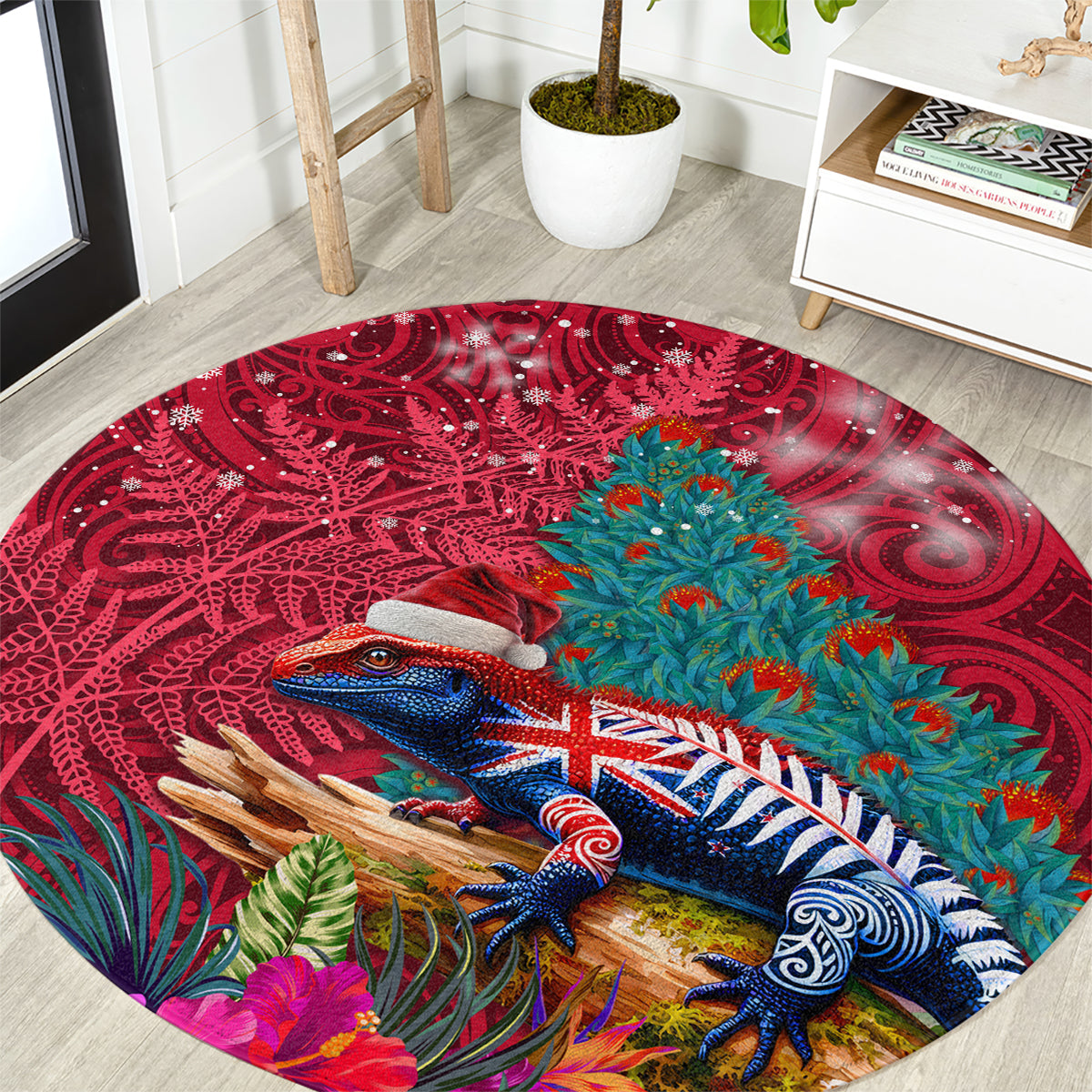 New Zealand Tuatara Christmas Round Carpet Silver Fern and Xmas Pohutukawa Tree Red Color LT03 Red - Polynesian Pride