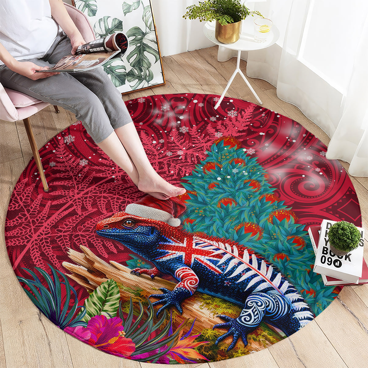 New Zealand Tuatara Christmas Round Carpet Silver Fern and Xmas Pohutukawa Tree Red Color LT03 - Polynesian Pride