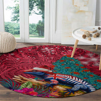 New Zealand Tuatara Christmas Round Carpet Silver Fern and Xmas Pohutukawa Tree Red Color LT03 - Polynesian Pride
