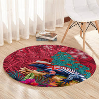 New Zealand Tuatara Christmas Round Carpet Silver Fern and Xmas Pohutukawa Tree Red Color LT03 - Polynesian Pride