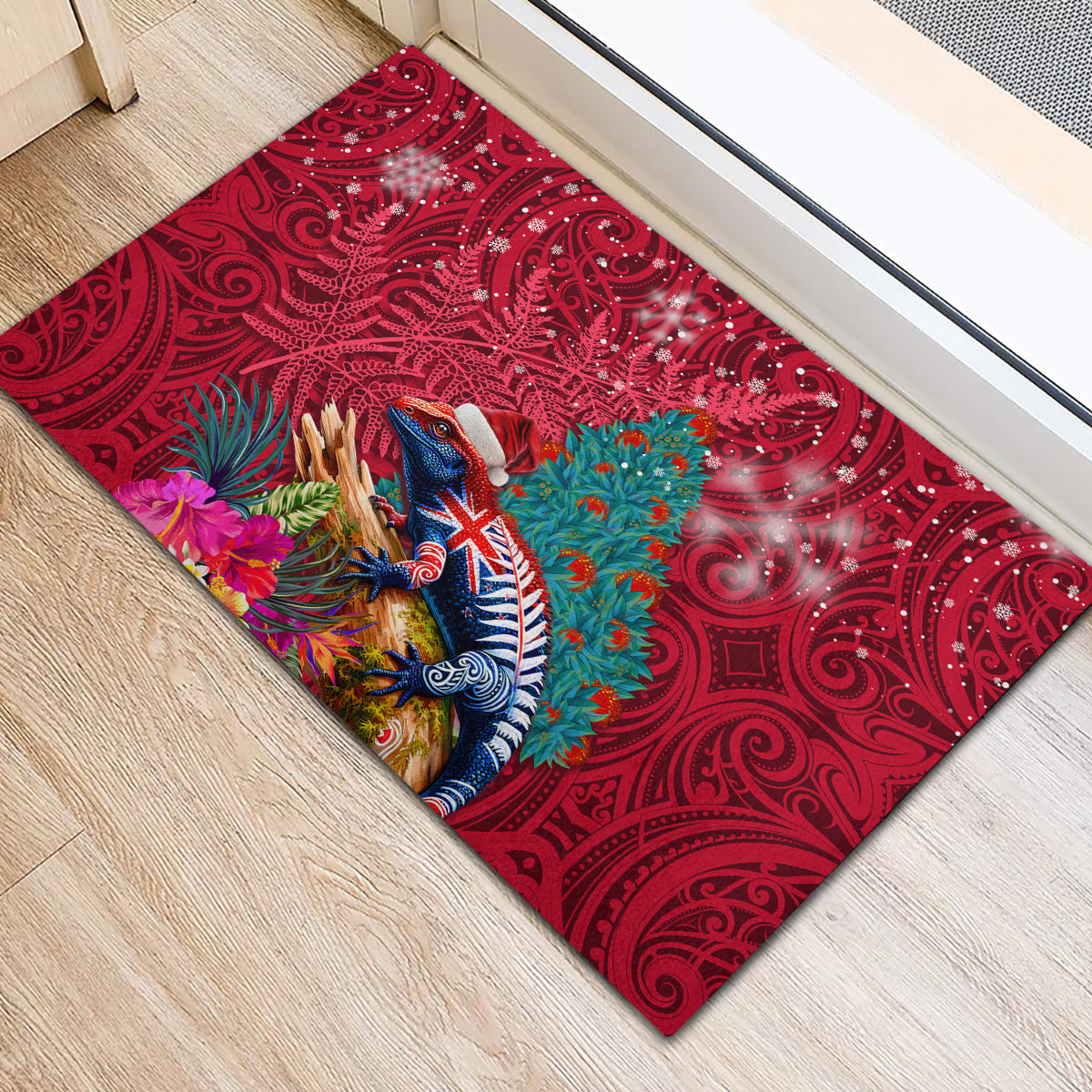 New Zealand Tuatara Christmas Rubber Doormat Silver Fern and Xmas Pohutukawa Tree Red Color LT03 - Polynesian Pride