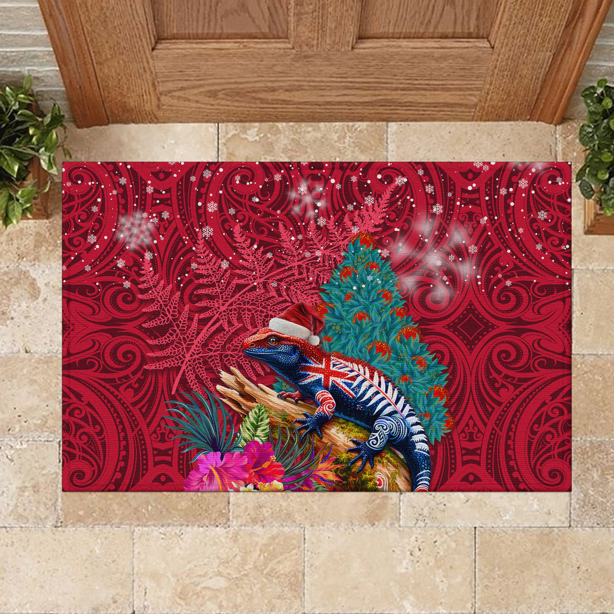 New Zealand Tuatara Christmas Rubber Doormat Silver Fern and Xmas Pohutukawa Tree Red Color LT03 - Polynesian Pride