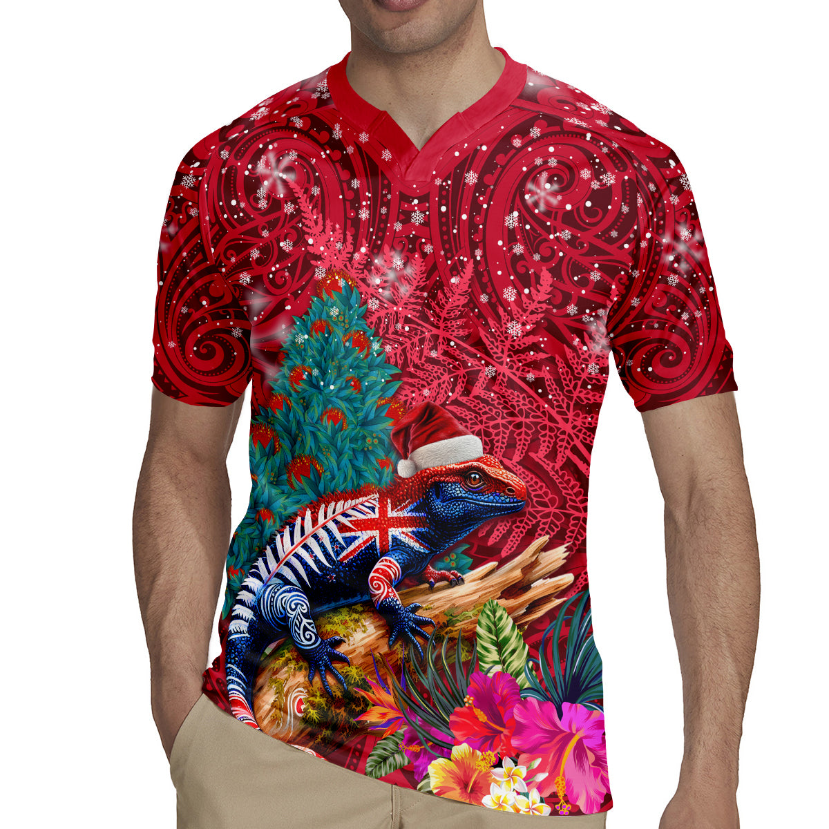 New Zealand Tuatara Christmas Rugby Jersey Silver Fern and Xmas Pohutukawa Tree Red Color LT03 - Polynesian Pride