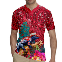 New Zealand Tuatara Christmas Rugby Jersey Silver Fern and Xmas Pohutukawa Tree Red Color LT03 - Polynesian Pride