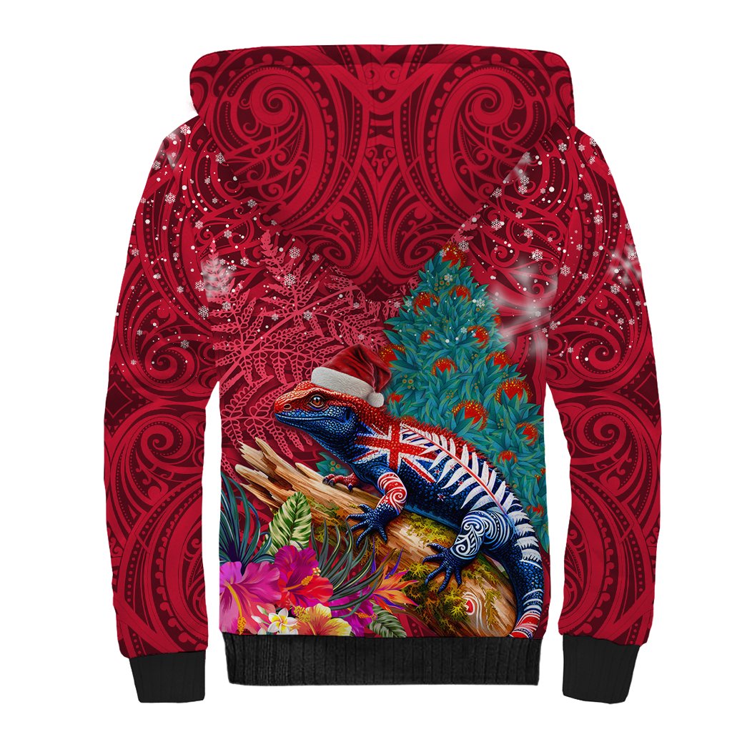 New Zealand Tuatara Christmas Sherpa Hoodie Silver Fern and Xmas Pohutukawa Tree Red Color LT03 - Polynesian Pride