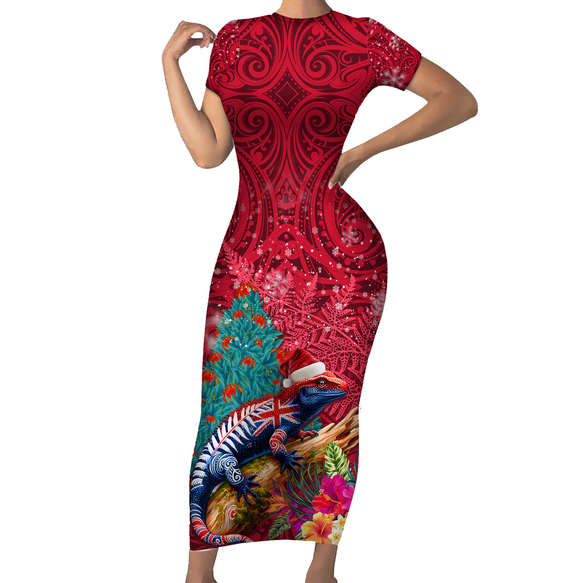 New Zealand Tuatara Christmas Short Sleeve Bodycon Dress Silver Fern and Xmas Pohutukawa Tree Red Color LT03 Long Dress Red - Polynesian Pride