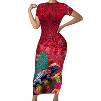 New Zealand Tuatara Christmas Short Sleeve Bodycon Dress Silver Fern and Xmas Pohutukawa Tree Red Color LT03 Long Dress Red - Polynesian Pride