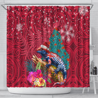 New Zealand Tuatara Christmas Shower Curtain Silver Fern and Xmas Pohutukawa Tree Red Color LT03 - Polynesian Pride