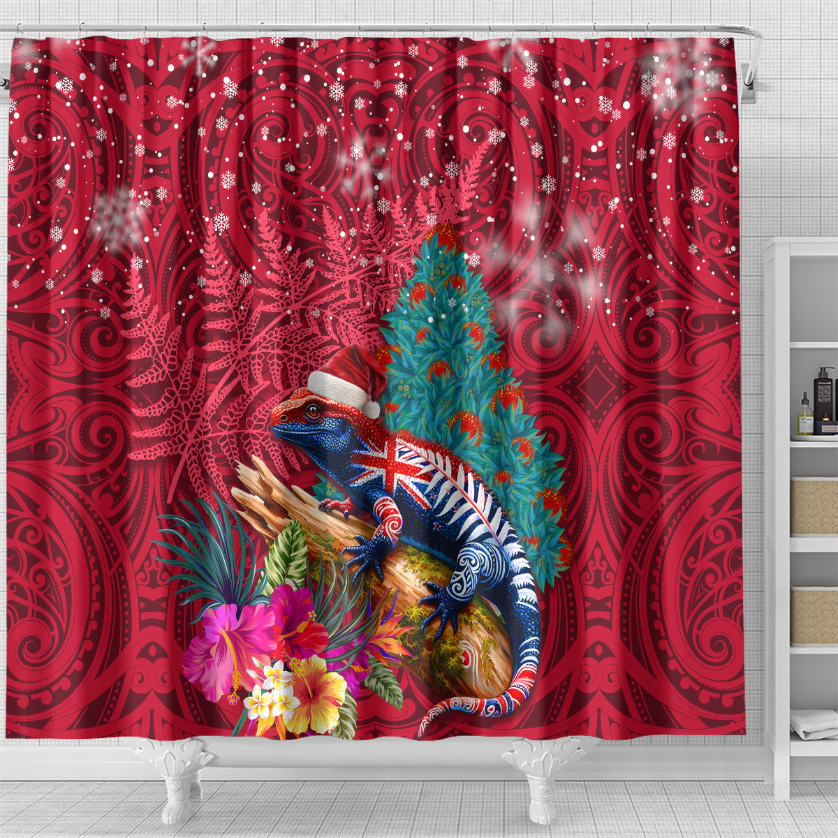 New Zealand Tuatara Christmas Shower Curtain Silver Fern and Xmas Pohutukawa Tree Red Color LT03 - Polynesian Pride