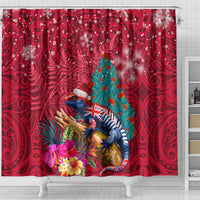 New Zealand Tuatara Christmas Shower Curtain Silver Fern and Xmas Pohutukawa Tree Red Color LT03 - Polynesian Pride