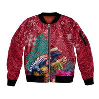 New Zealand Tuatara Christmas Sleeve Zip Bomber Jacket Silver Fern and Xmas Pohutukawa Tree Red Color LT03 Unisex Red - Polynesian Pride
