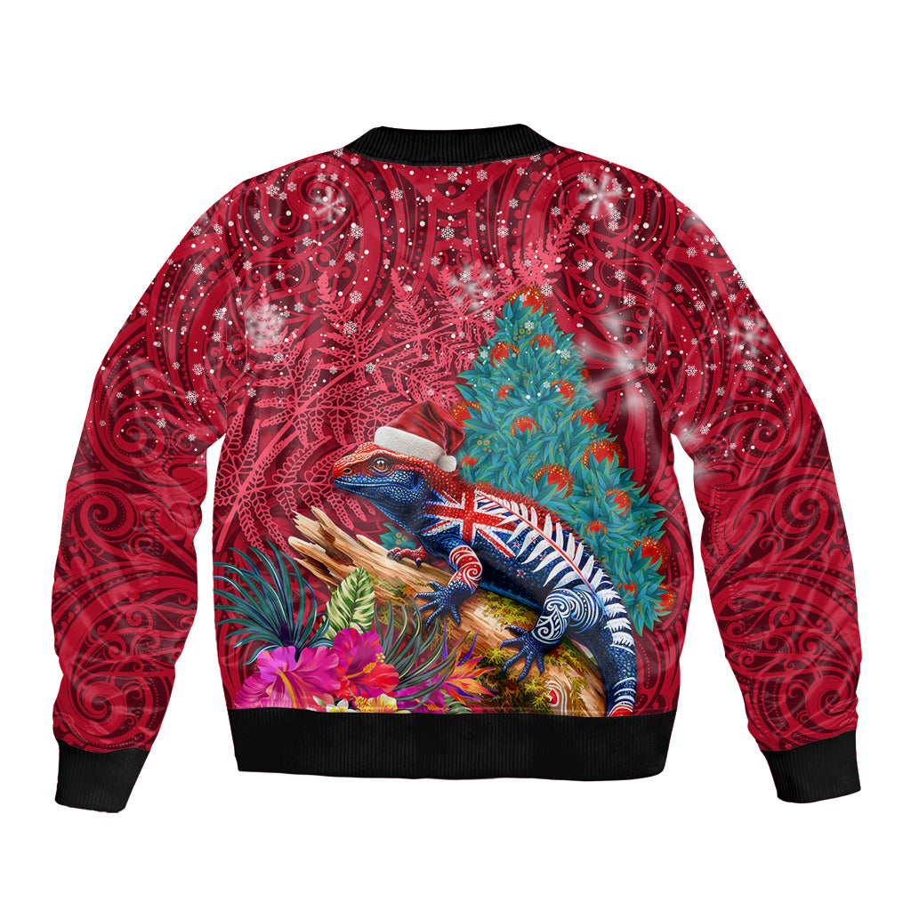 New Zealand Tuatara Christmas Sleeve Zip Bomber Jacket Silver Fern and Xmas Pohutukawa Tree Red Color LT03 - Polynesian Pride