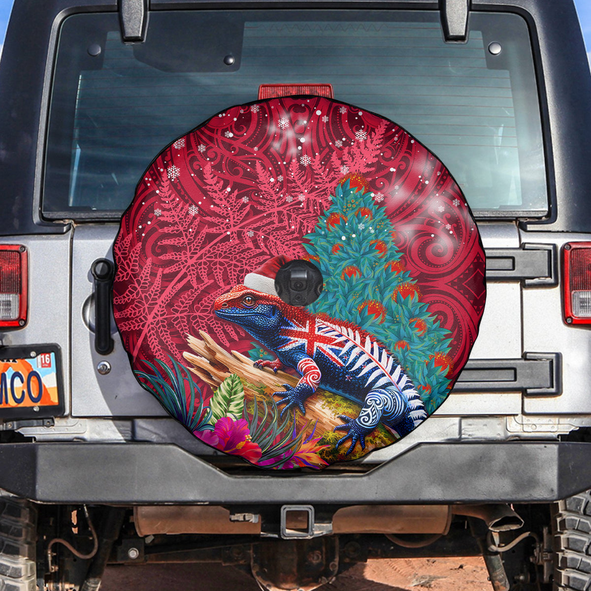 New Zealand Tuatara Christmas Spare Tire Cover Silver Fern and Xmas Pohutukawa Tree Red Color LT03 Red - Polynesian Pride