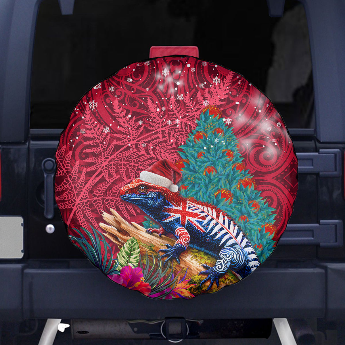 New Zealand Tuatara Christmas Spare Tire Cover Silver Fern and Xmas Pohutukawa Tree Red Color LT03 - Polynesian Pride