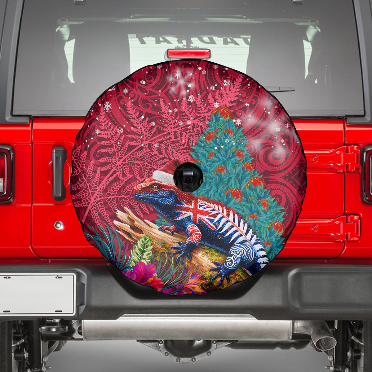 New Zealand Tuatara Christmas Spare Tire Cover Silver Fern and Xmas Pohutukawa Tree Red Color LT03 - Polynesian Pride
