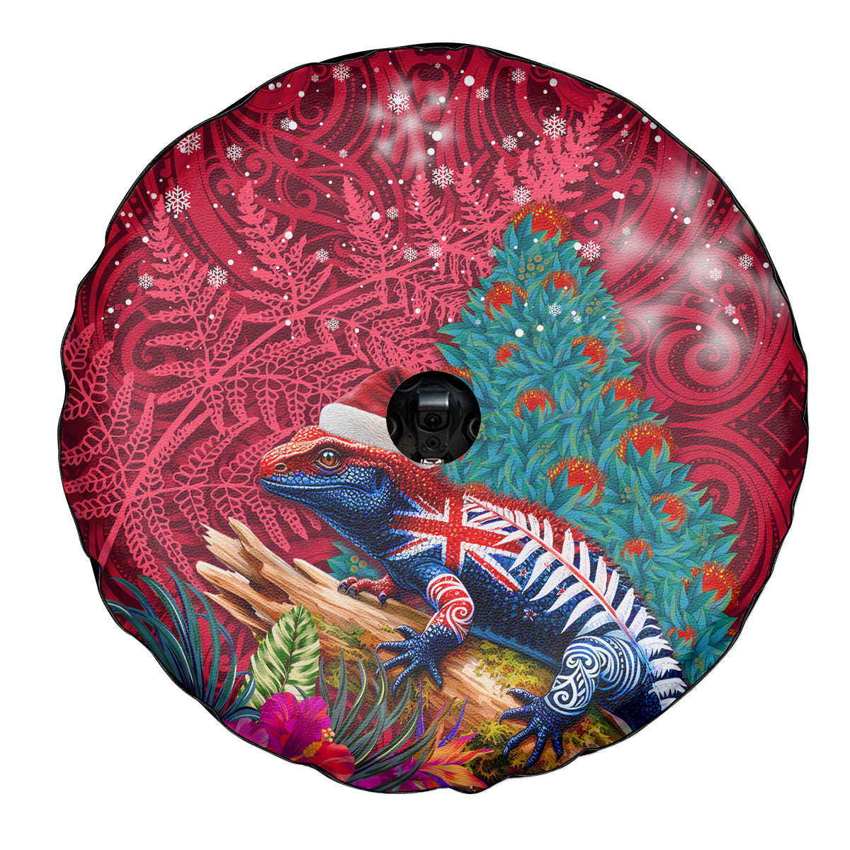 New Zealand Tuatara Christmas Spare Tire Cover Silver Fern and Xmas Pohutukawa Tree Red Color LT03 - Polynesian Pride