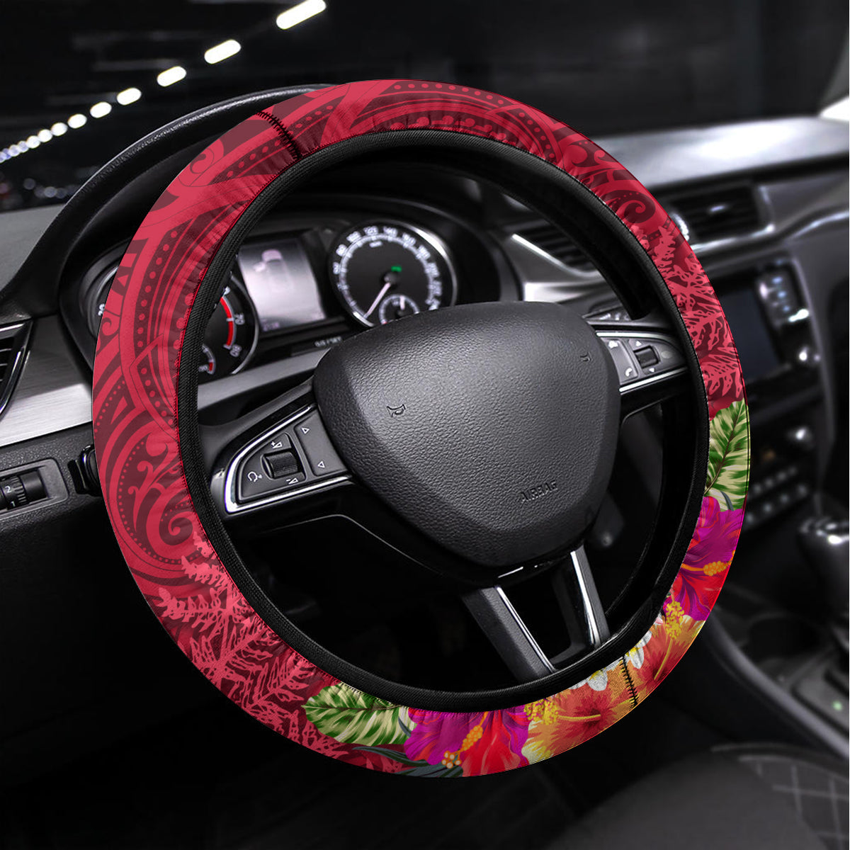 New Zealand Tuatara Christmas Steering Wheel Cover Silver Fern and Xmas Pohutukawa Tree Red Color LT03 Universal Fit Red - Polynesian Pride