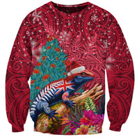New Zealand Tuatara Christmas Sweatshirt Silver Fern and Xmas Pohutukawa Tree Red Color LT03 Unisex Red - Polynesian Pride